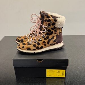 Cole Haan Zerogrand Genuine Haircalf with Shearling trim Jag Print Hiker Boots